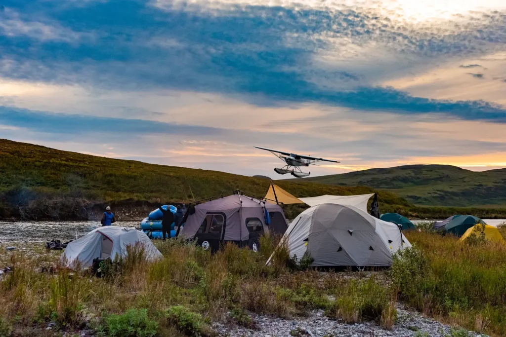Campsite with seaplane flying overhead - Intricate Bay Lodge